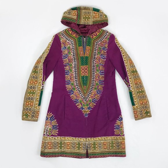 Vintage 70s Hippie Jacket Dashiki Print Purple Utex Hooded Coat - Picture 7 of 9